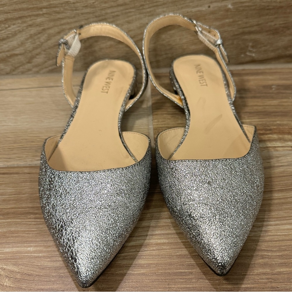 Metallic silver sling back flat with studs